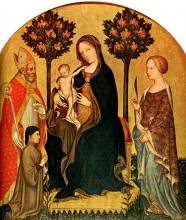 Репродукция картины "madonna with child and st.catherine, st.nicolas and donor gentile da fabriano" художника "фабриано джентиле да"