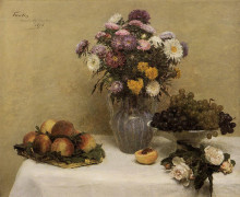Копия картины "white roses, chrysanthemums in a vase, peaches and grapes on a table with a white tablecloth" художника "фантен-латур анри"