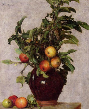 Репродукция картины "vase with apples and foliage" художника "фантен-латур анри"