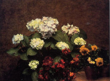 Картина "hydrangias, cloves and two pots of pansies" художника "фантен-латур анри"