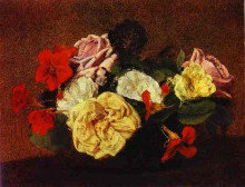 Репродукция картины "roses and nasturtiums in a vase" художника "фантен-латур анри"