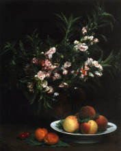 Репродукция картины "still life impatiens, peaches and apricots" художника "фантен-латур анри"