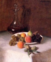 Копия картины "a carafe of wine and plate of fruit on a white tablecloth" художника "фантен-латур анри"