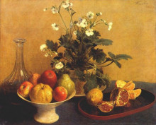 Репродукция картины "still life. flowers, bowl of fruit and pitcher" художника "фантен-латур анри"