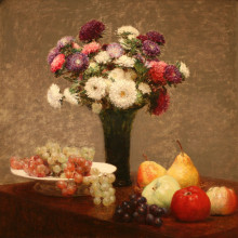 Репродукция картины "asters and fruit on a table" художника "фантен-латур анри"