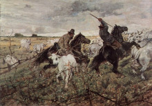 Картина "cowboys and herds in the maremma" художника "фаттори джованни"