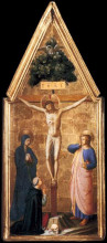 Картина "распятый христос и дева мария, иоанн богослов, кардинал хуан де торквемада" художника "фра анджелико"