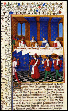 Картина "banquet given by charles v (1338-80) in hhonour of his uncle emperor charles iv (1316-78) in 1378" художника "фуке жан"