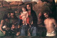 Картина "мадонна и младенец со святыми и донатором" художника "беллини джованни"