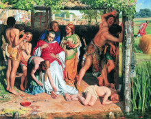 Картина "английское семейство, обращённое в христианство, защищает проповедника этой религии от преследования друидов" художника "хант уильям холман"