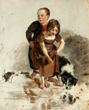 Репродукция картины "a boy and a girl with a collie dog standing by a stream (study for &#39;the covenanters&#39; baptism&#39;)" художника "харви джордж"
