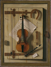 Репродукция картины "still life—violin and music" художника "харнетт уильям майкл"