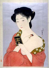Репродукция картины "woman applying powder" художника "хасигути гоё"
