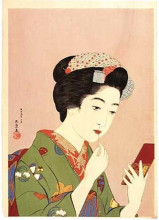Репродукция картины "woman holding lipstick" художника "хасигути гоё"