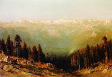 Картина "a view of the hetch hetchy valley with deer in the foreground and mount conness in the distance" художника "хилл томас"