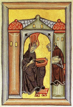 Репродукция картины "frontispiece of scivias, showing hildegard receiving a vision, dictating to volmar, and sketching on a wax tablet" художника "хильдегарда бингенская"