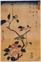 Репродукция картины "camellia and bush warbler" художника "хиросигэ утагава"