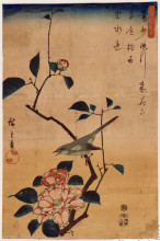 Копия картины "camellia and bush warbler" художника "хиросигэ утагава"