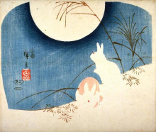 Картина "untitled (two rabbits, pampas grass, and full moon)" художника "хиросигэ утагава"
