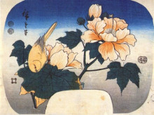 Копия картины "yellow bird and cotton rose" художника "хиросигэ утагава"