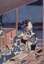 Репродукция картины "moonlight view of tsukuda with lady on a balcony" художника "хиросигэ утагава"