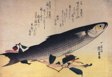Копия картины "grey mullet and camellia" художника "хиросигэ утагава"