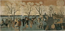Картина "japanese triptych print showing japanese and foreign people walking along the sumida river among cherry trees in full bloom" художника "хиросигэ утагава"