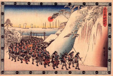 Копия картины "ronin enter sengakuji temple to pay homage to their lord, enya" художника "хиросигэ утагава"