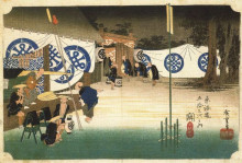 Копия картины "seki: early departure from the daimyos inn" художника "хиросигэ утагава"