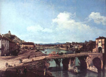 Картина "view of an old bridge over the river po, turin" художника "беллотто бернардо"