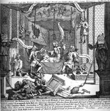 Репродукция картины "a just view of the english stage" художника "хогарт уильям"