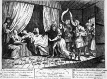 Репродукция картины "mary toft, apparently giving birth to rabbits" художника "хогарт уильям"