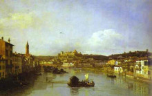 Картина "view of verona and the river adige from the ponte nuovo" художника "беллотто бернардо"