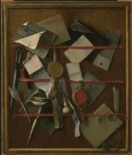 Репродукция картины "trompe l&#39;oeil still life. letter rack with writing implements" художника "хогстратен самюэл ван"