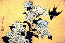 Копия картины "hydrangea and swallow" художника "хокусай кацусика"