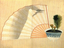 Репродукция картины "porcelain pot with open fan" художника "хокусай кацусика"