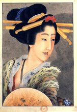 Картина "portrait of a woman holding a fan" художника "хокусай кацусика"