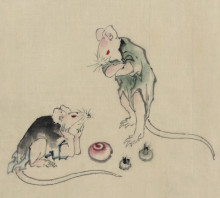 Картина "two mice, one lying on the ground with head resting on forepaws" художника "хокусай кацусика"