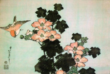 Копия картины "hibiscus and sparrow" художника "хокусай кацусика"