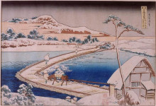Картина "the&#160;pontoon bridge&#160;at&#160;sano&#160;in the&#160;province of&#160;kozuka" художника "хокусай кацусика"