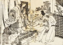 Копия картины "a woman in shinto shrine has a stick with a lot of paper leaves" художника "хокусай кацусика"