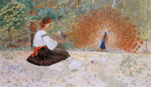 Репродукция картины "tale of a girl and a peacock" художника "холодный пётр иванович"