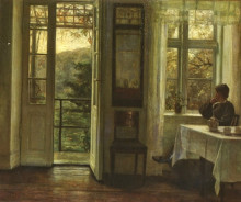 Картина "the artist&#39;s wife sitting at a window in a sunlit room" художника "холсё карл"