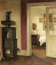 Репродукция картины "an interior with a stove and a view into the dining room" художника "холсё карл"