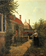 Картина "woman with basket of beans in the kitchen garden" художника "хох питер де"