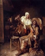 Копия картины "tavern scene with maid trying to fill the glass of a cavalier (the empty glass)" художника "хох питер де"