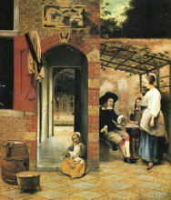 Репродукция картины "the courtyard of a house in delft" художника "хох питер де"