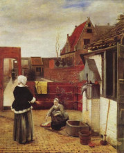 Картина "a woman and a maid in a courtyard" художника "хох питер де"