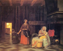 Картина "woman with infant, serving maid with child" художника "хох питер де"