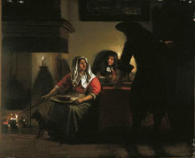 Копия картины "interior with two gentleman and a woman beside a fire" художника "хох питер де"